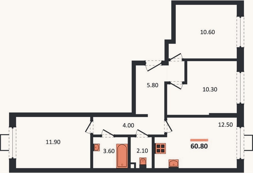 Планировка: 3-к, 60,8 м²