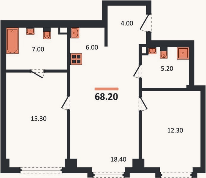 Планировка: 2-к, 68,2 м²