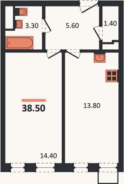 Планировка: 1-к, 38,5 м²