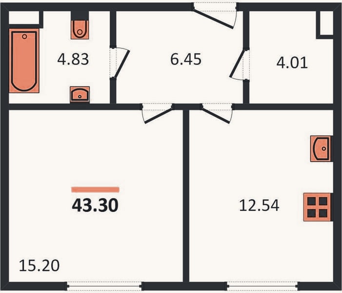 Планировка: 1-к, 43,3 м²