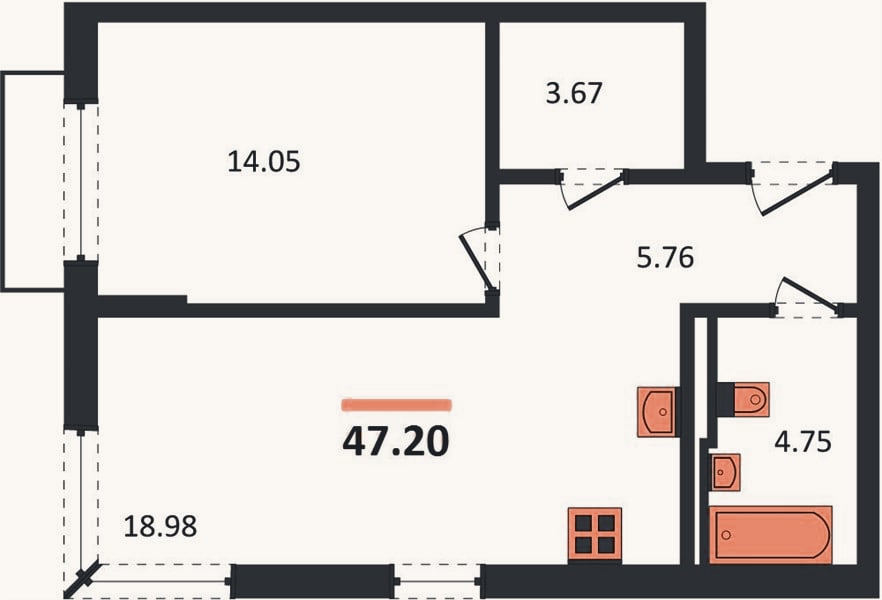 Планировка: 1-к, 47,2 м²