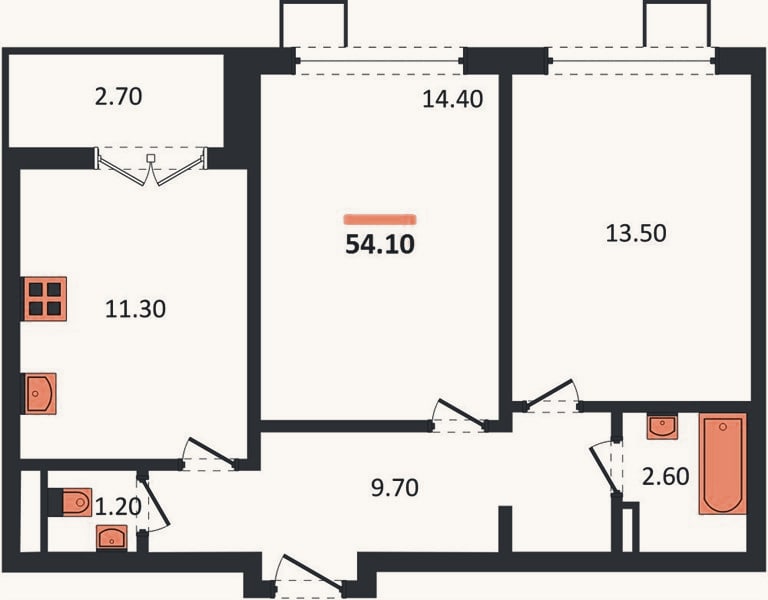 Планировка: 2-к, 54,1 м²