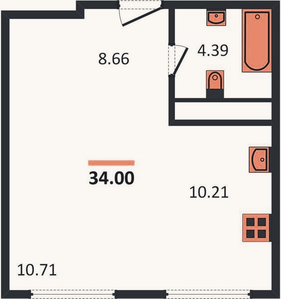 Планировка: Студия, 33,9 м²