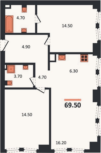Планировка: 2-к, 69,5 м²