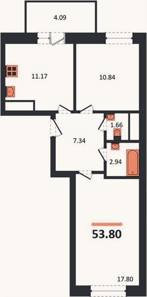 Планировка: 2-к, 53,8 м²