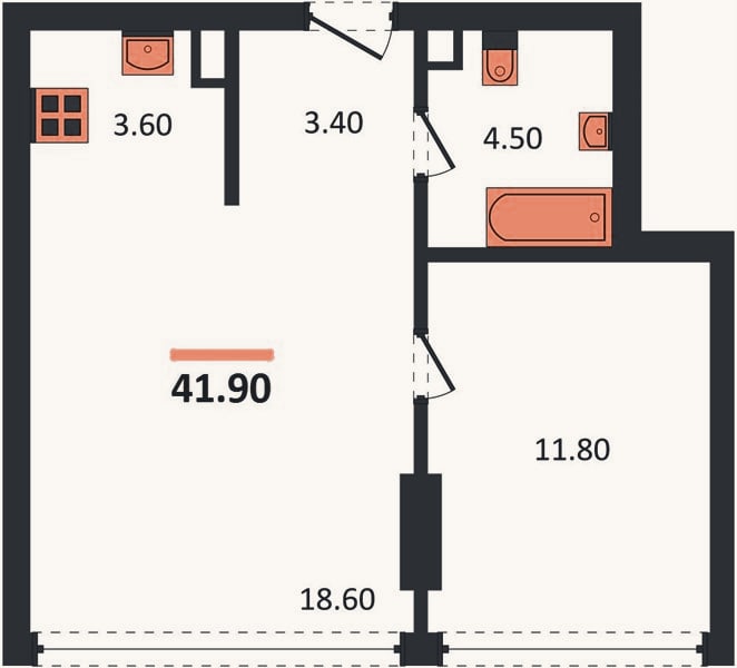 Планировка: 1-к, 41,9 м²