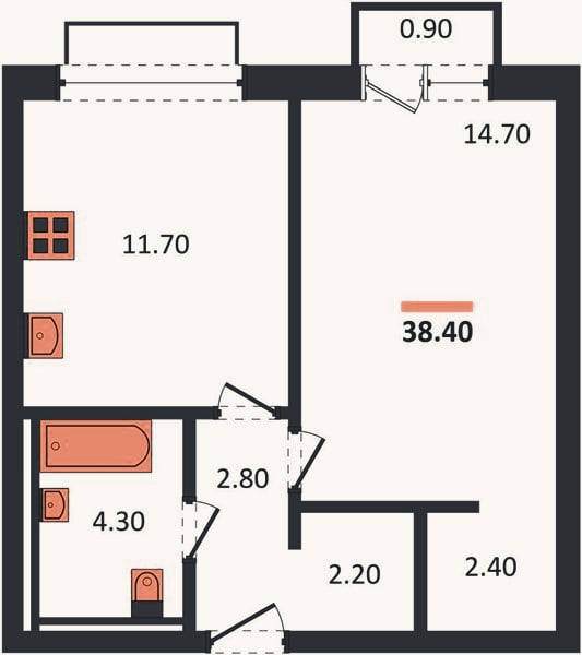 Планировка: 1-к, 38,4 м²