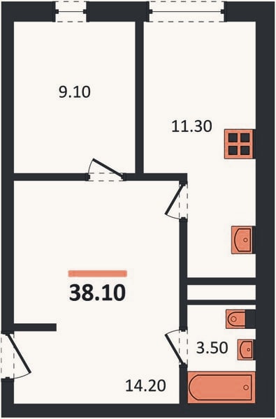 Планировка: 1-к, 38,1 м²