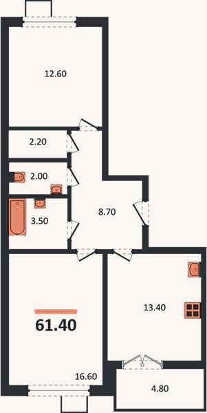 Планировка: 2-к, 61,4 м²
