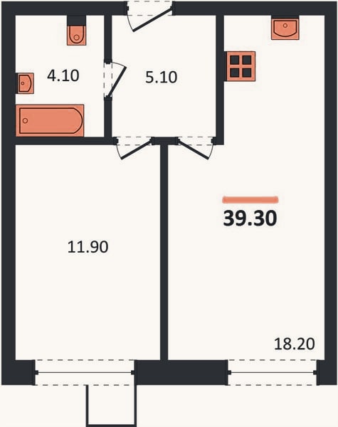 Планировка: 1-к, 39,3 м²