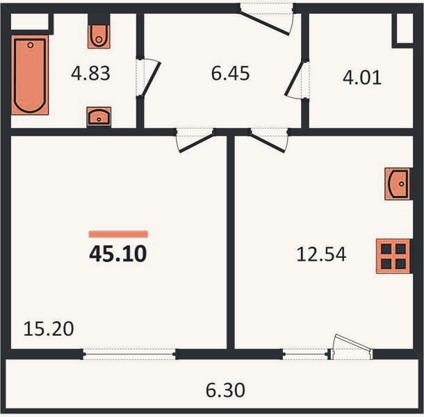 Планировка: 1-к, 45,1 м²