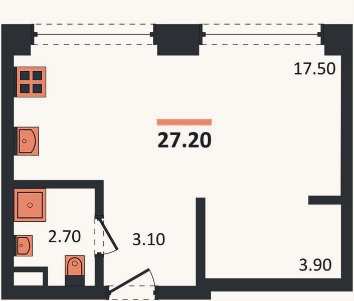 Планировка: Студия, 27,4 м²