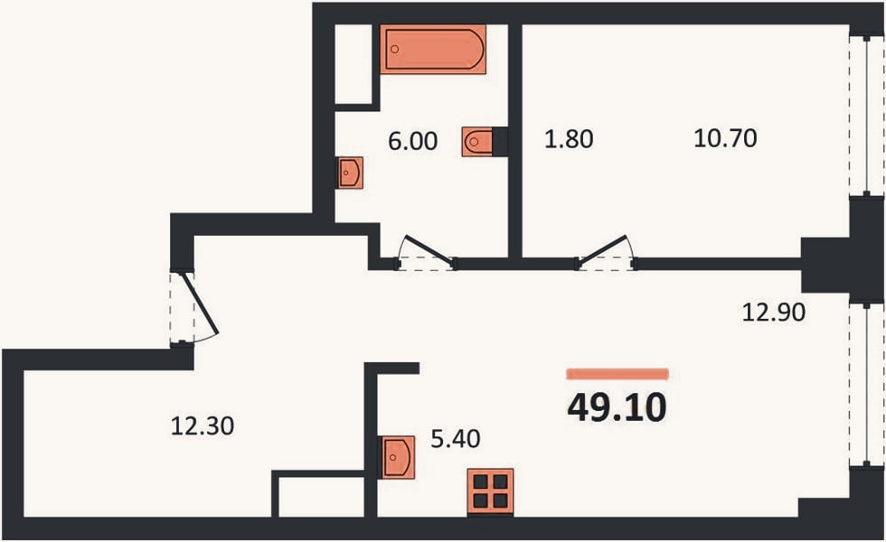 Планировка: 1-к, 49,1 м²