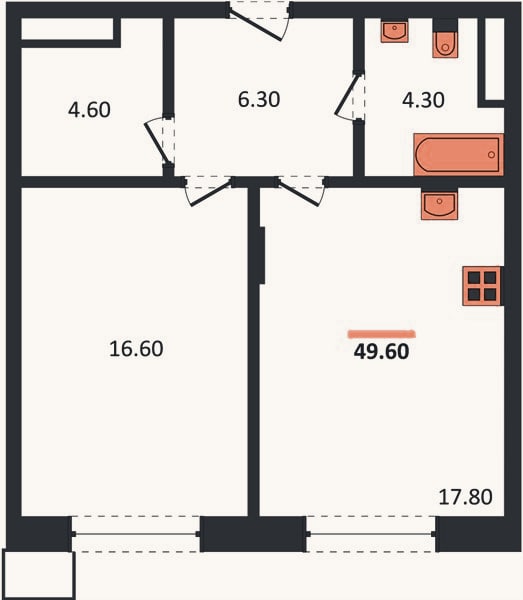 Планировка: 1-к, 49,6 м²