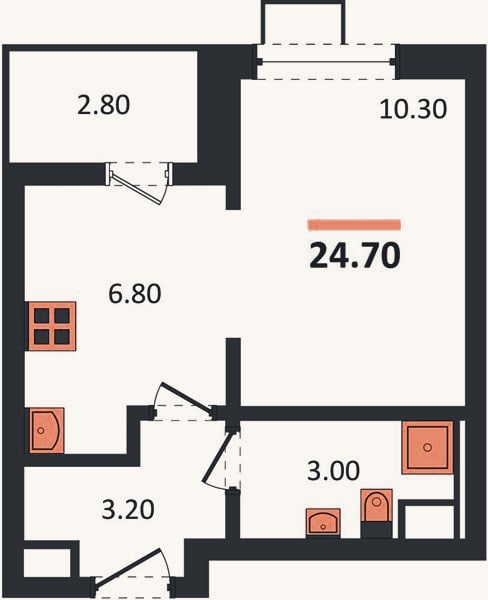 Планировка: 1-к, 24,7 м²