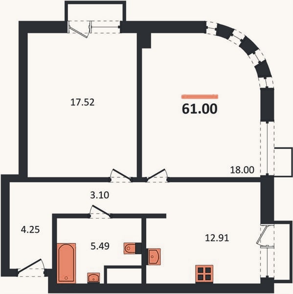 Планировка: 2-к, 61 м²