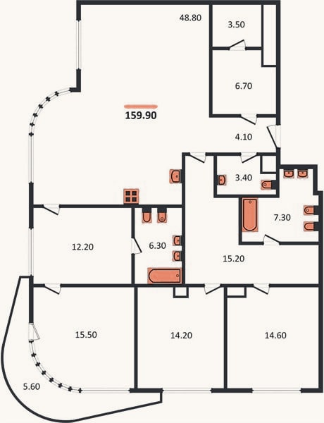 Планировка: 3-к, 159,9 м²