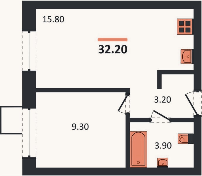 Планировка: 1-к, 32,2 м²