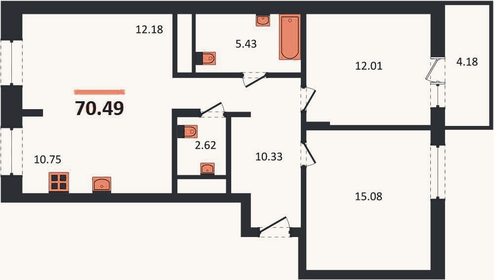 Планировка: 2-к, 70,5 м²