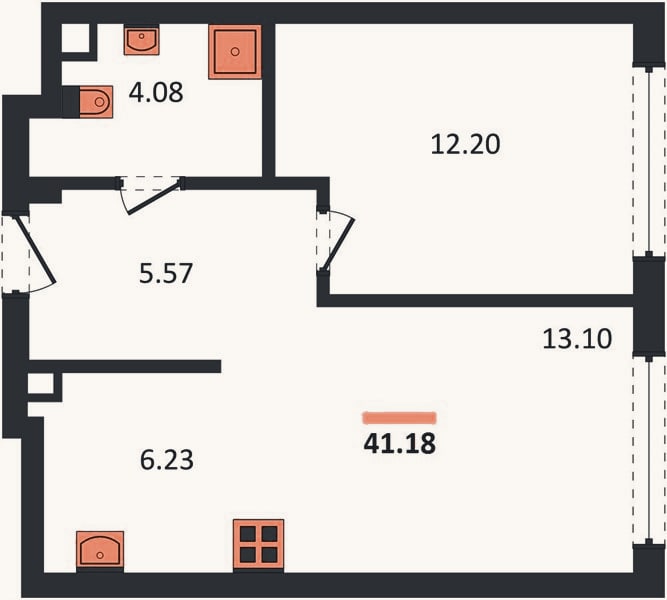 Планировка: 1-к, 41,2 м²