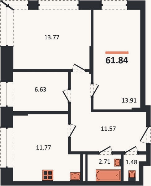 Планировка: 3-к, 61,8 м²
