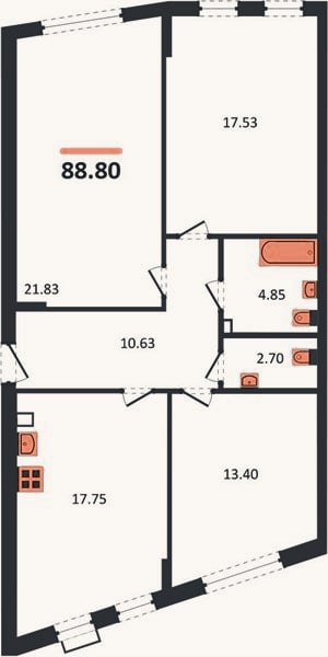 Планировка: 3-к, 88,8 м²
