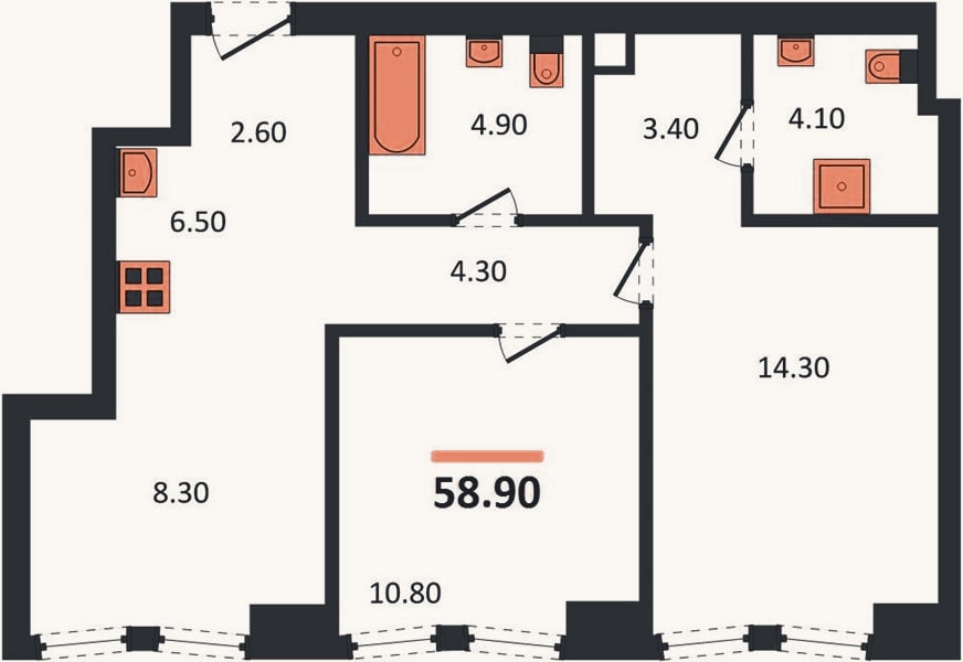Планировка: 2-к, 58,9 м²