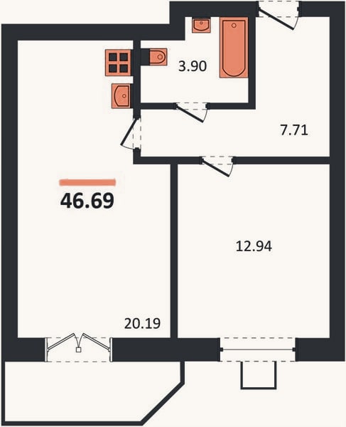 Планировка: 1-к, 46,7 м²