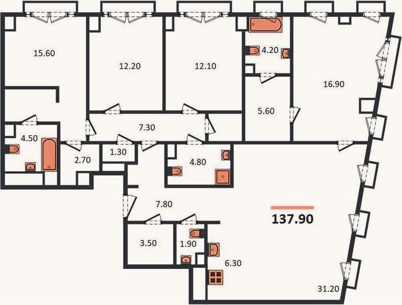 Планировка: 4+ к, 137,9 м²