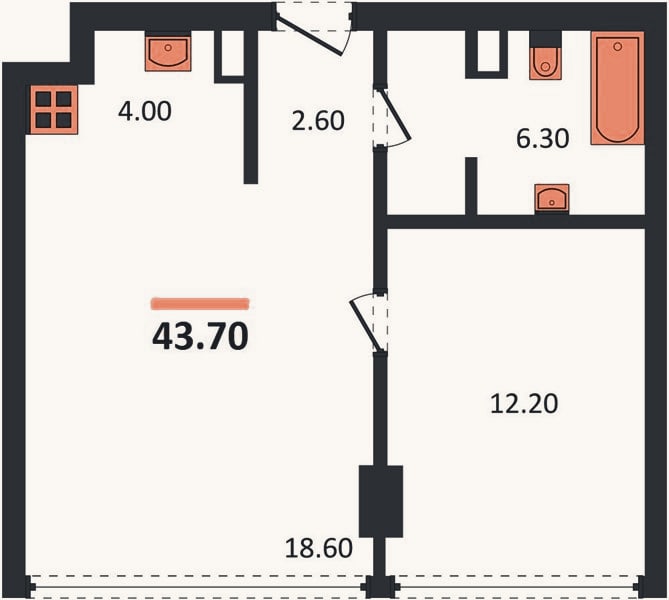 Планировка: 1-к, 43,7 м²