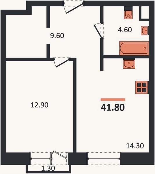 Планировка: 1-к, 41,8 м²