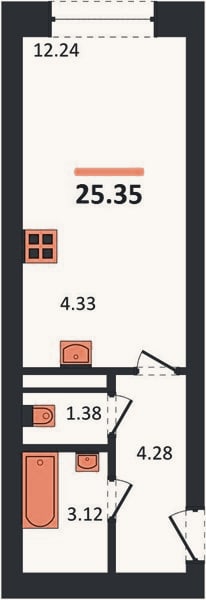 Планировка: Студия, 25,4 м²