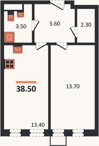 Планировка: 1-к, 38,5 м²