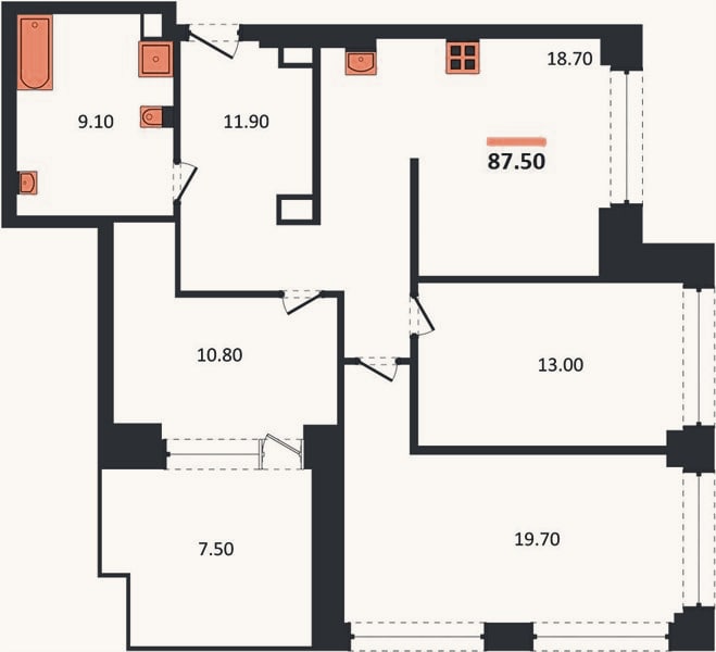 Планировка: 3-к, 87,5 м²