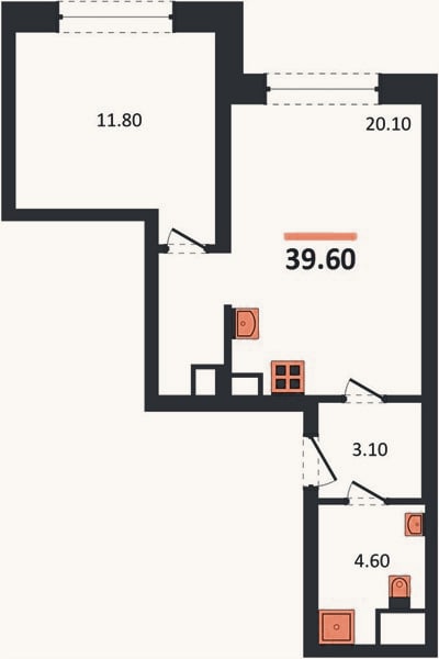 Планировка: 1-к, 39,6 м²