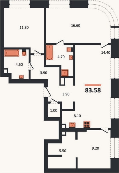 Планировка: 3-к, 83,6 м²