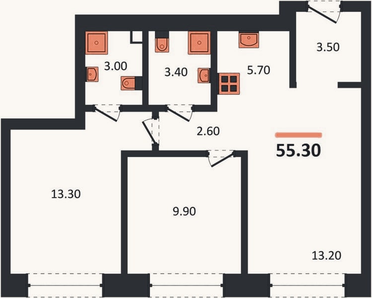 Планировка: 2-к, 55,3 м²