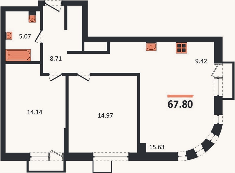 Планировка: 2-к, 67,8 м²