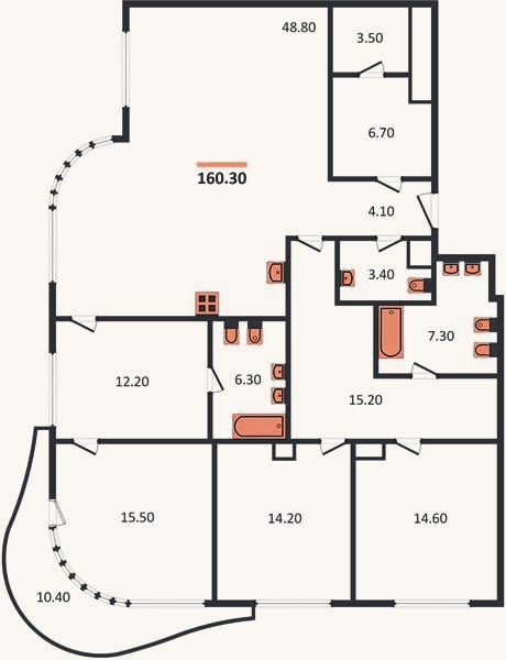 Планировка: 3-к, 160,3 м²