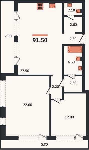 Планировка: 2-к, 91,5 м²
