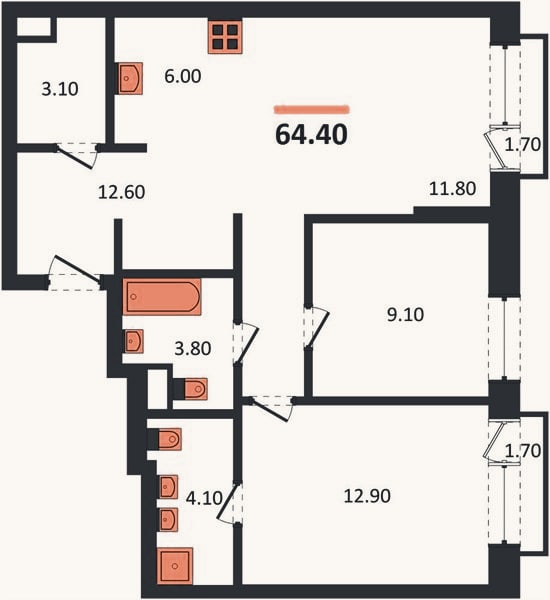 Планировка: 2-к, 64,4 м²