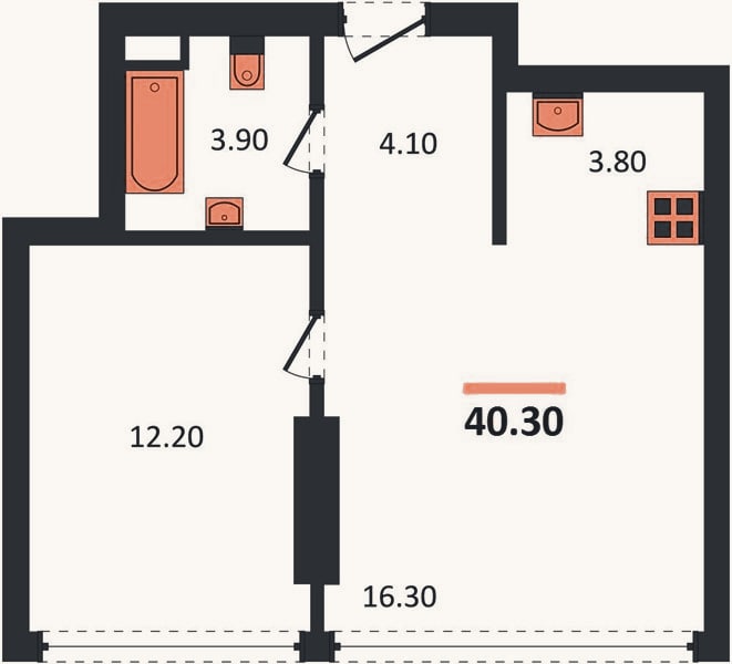 Планировка: 1-к, 40,3 м²