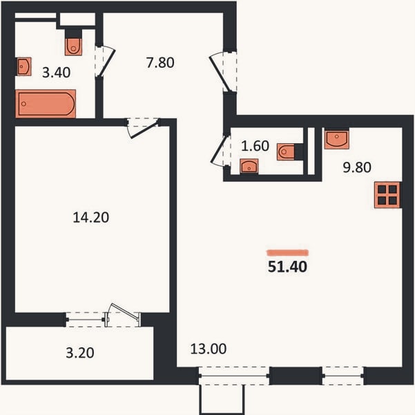 Планировка: 1-к, 51,4 м²