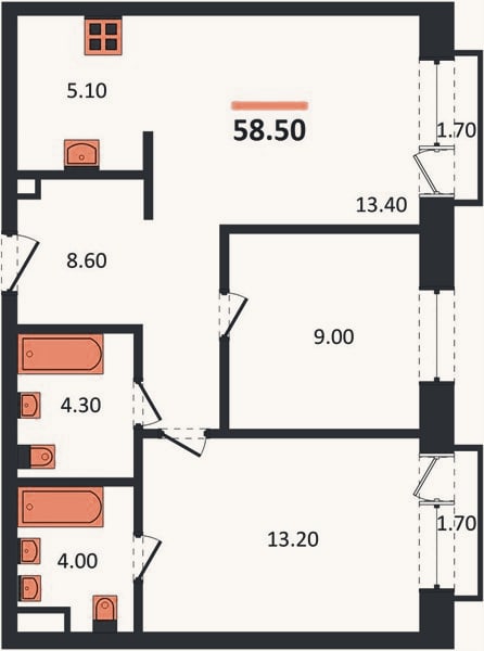 Планировка: 2-к, 58,5 м²