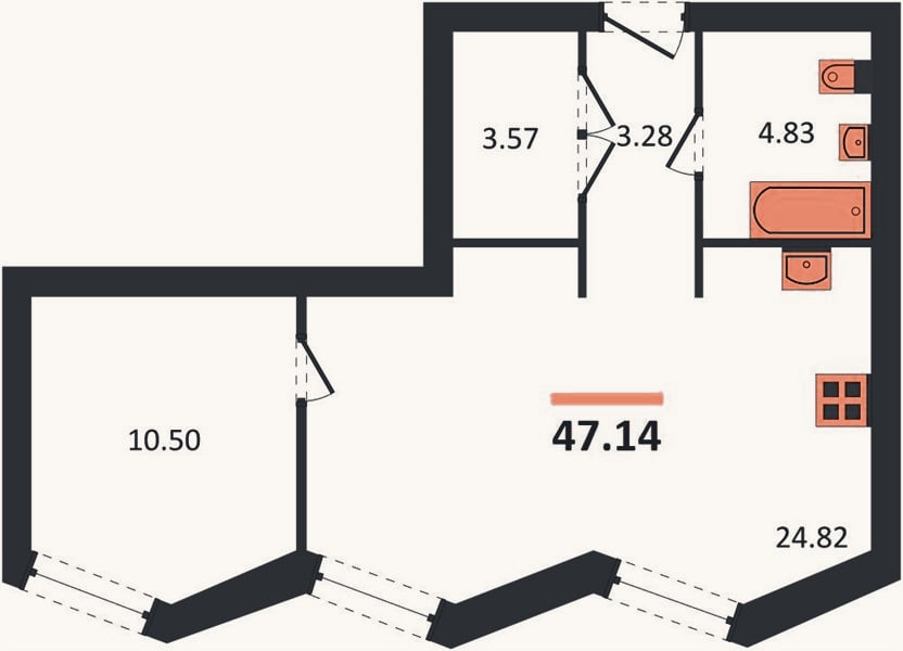 Планировка: 1-к, 47,1 м²