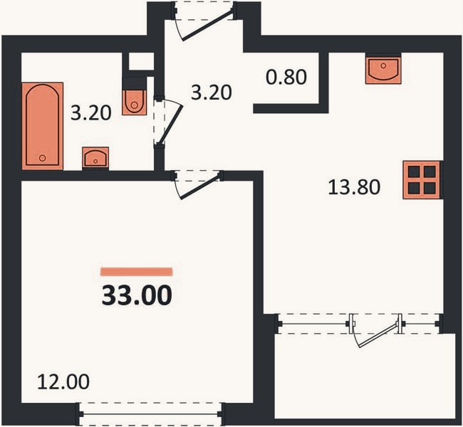 Планировка: 1-к, 33 м²