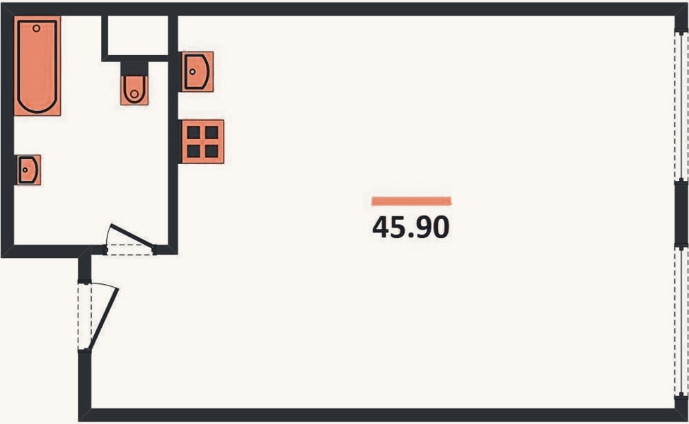 Планировка: 1-к, 45,9 м²