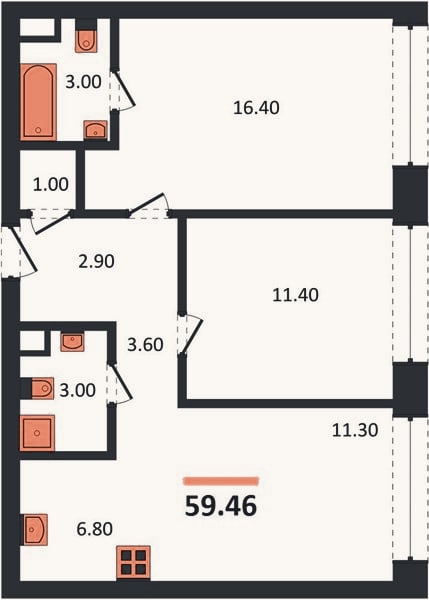 Планировка: 2-к, 59,5 м²