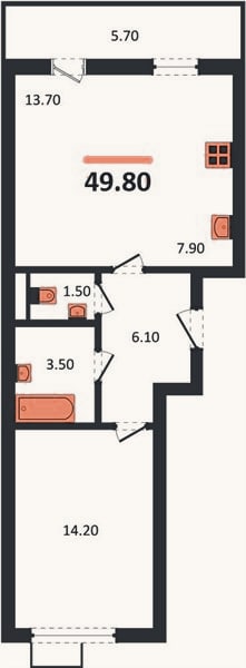 Планировка: 1-к, 49,8 м²