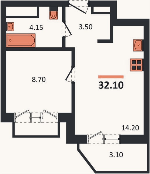 Планировка: 1-к, 32,1 м²
